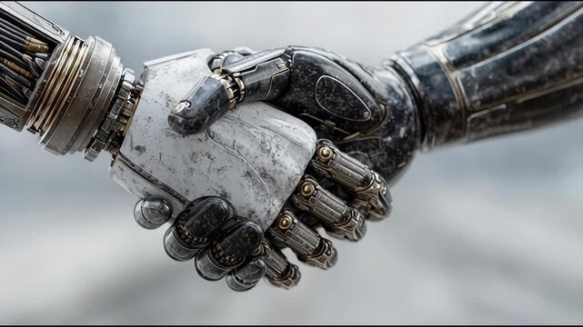 Humanoid robot extending a hand for a handshake symbolizing ai-mediated partnership and collaborative engagement. Humanoid Robot Handshake Representing AI-Mediated Partnership