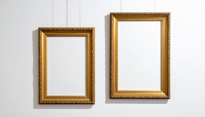 Two ornate gold picture frames with decorative inner edges mounted vertically on a white wall.