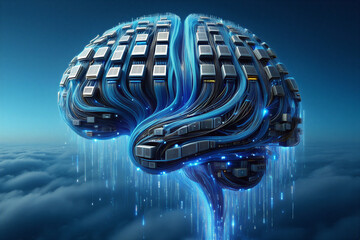 Brain made of computer circuits and wires above clouds