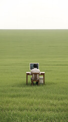 A person sits at a desk with a computer in the middle of a vast green field under a bright, clear sky, viewed from behind.