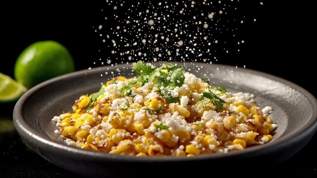 Roasted esquites with cheese, cilantro, and lime served in dark bowl with sprinkled topping motion.