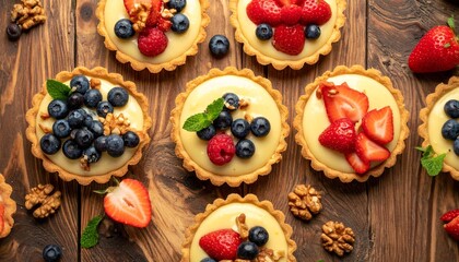 Top-down view of fruit tarts with golden crust, creamy filling, topped with strawberries, blueberries, and walnuts on wood surface.