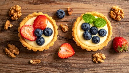 Top-down view of fruit tarts with golden crust, creamy filling, topped with strawberries, blueberries, and walnuts on wood surface.