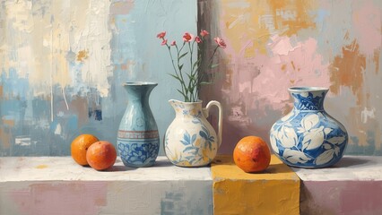 A still life painting of vases and oranges on a colorful table with a textured wall background.