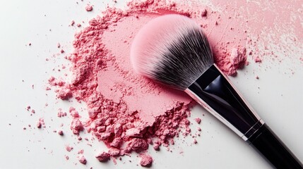 Close-Up View of Makeup Brush with Blush Powder on White Surface, Beauty and Cosmetics Concept for Makeup Artists and Enthusiasts