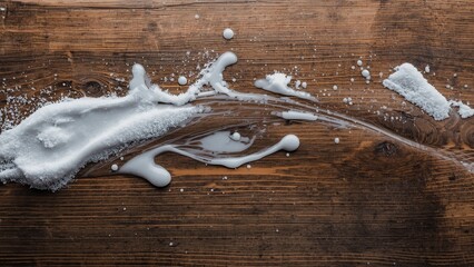 A splash of milk on a rustic wooden surface with droplets scattered around