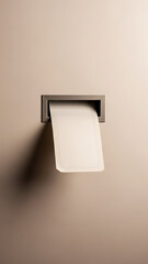 Minimalist shot of a single sheet of toilet paper dispensing from a modern recessed holder in a light beige wall.