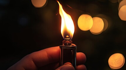 Close-Up of a Hand Holding a Lighter with a Vibrant Flame Against a Blurry Background of Round Lights in a Dark Environment