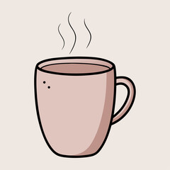 Minimalist pink coffee mug illustration with steam lines on a neutral beige background.