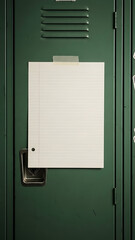A blank piece of lined notebook paper is clipped to a dark green school locker door.