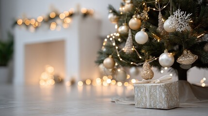 A Christmas tree stands in a room filled with lights and decorations, surrounded by wrapped gifts near a crackling fireplace