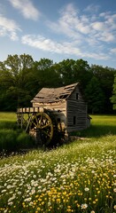 Fototapeta premium Rustic Mill House Amidst a Field of Wildflowers.