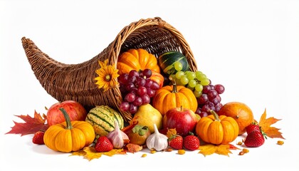 Decorative cornucopia with woven horn-shaped basket spilling pumpkins, gourds, apples, grapes, strawberries, and fall leaves.