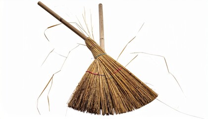 Traditional broom with wooden handle and tightly bound natural bristles made of twigs or stiff grass.