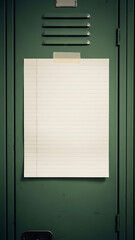 Blank lined paper taped to a dark green school locker door with vents, ready for a message or note.