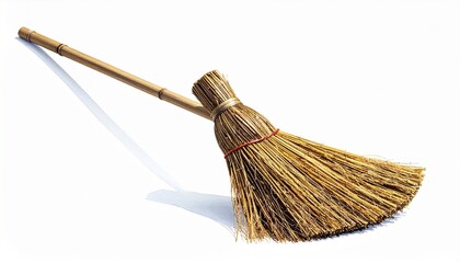 Traditional broom with wooden handle and tightly bound natural bristles made of twigs or stiff grass.