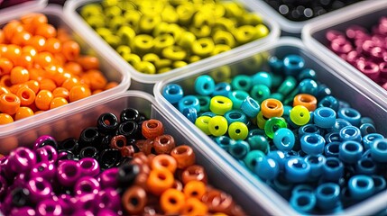 Colorful assortment of vibrant beads in organized containers, ideal for creative craft projects and DIY jewelry-making inspiration and artistry