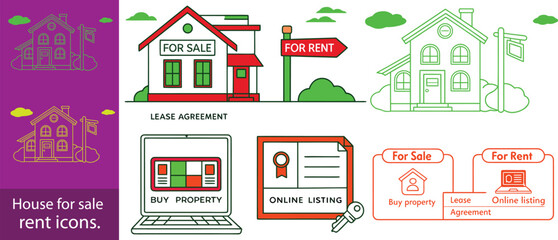 Fototapeta premium House for sale and home for rent icons. Buy property, online listing and lease agreement vector symbols.