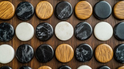 A Close-Up View of Different Textured and Colored Game Pieces on a Wooden Surface for Board Games or Decorative Designs