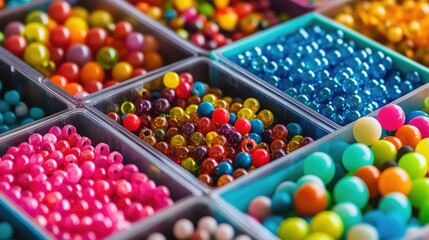 Colorful Collection of Craft Beads in Various Shades and Textures for Creative Projects and Artistic Designs in Organizers and Trays