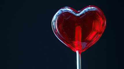 Bright Red Heart Shaped Lollipop on a Stick Against a Dark Background with a Glossy Surface Reflecting Light and Creating an Eye-Catching Visual Appeal