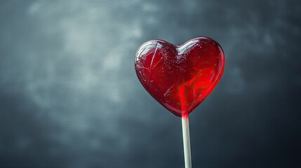 Glossy Red Heart-Shaped Lollipop on White Stick Against Stormy Background Perfect for Sweet Romantic Themes and Candy-Related Design Projects