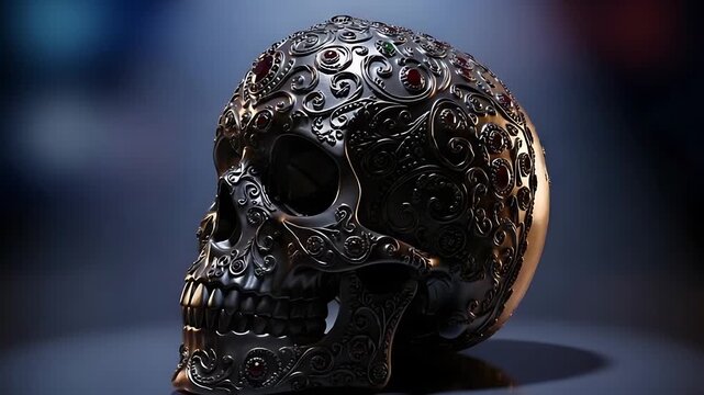 ornate metallic skull sculpture with filigree jewels, close-up on blue backdrop