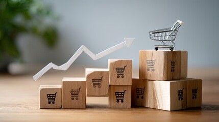 Graph points upward with a shopping cart placed on wooden blocks stacked in a well-lit indoor area, showing sales increase