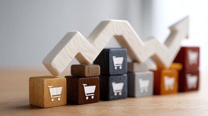 Graph points upward with a shopping cart placed on wooden blocks stacked in a well-lit indoor area, showing sales increase