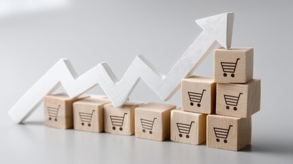 Graph points upward with a shopping cart placed on wooden blocks stacked in a well-lit indoor area, showing sales increase