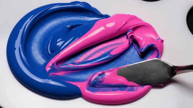 Mixing blue and pink paint with a palette knife in close-up. An artist blends vibrant, glossy colors to create purple. The creative process and abstract art concept.