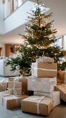 Obraz premium A family decorates a Christmas tree in a living room with a warm fireplace lit in the background filled with gifts and decorations