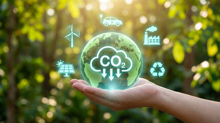 Hand holding a green eco friendly bulb and sign over a 3d globe map to represent a global business concept for the planet environment and green technology