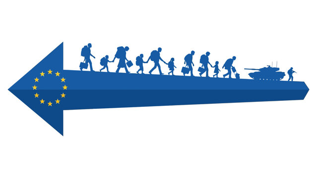 Silhouettes of people immigrating, moving toward a European flag shaped like an arrow