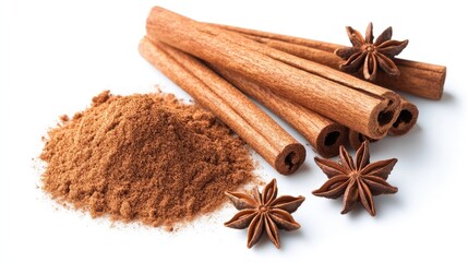 Aromatic Cinnamon Sticks and Star Anise Spice with Ground Cinnamon in a Beautiful Arrangement on White Background