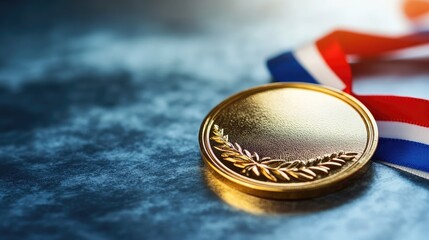 Golden Medal with Laurel Leaf Design on a Textile Surface Surrounded by Red and White Ribbon, Symbolizing Achievement and Recognition in Competition