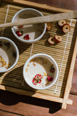 hot tea on a rustic wood background