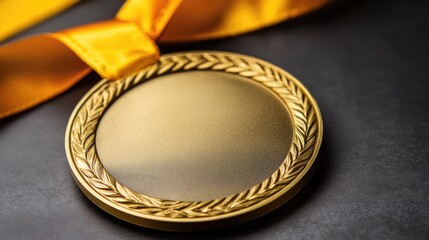 Golden Medal with Ribbon on Dark Surface Symbolizing Achievement and Victory in Sports, Awards, and Competitions for Various Events