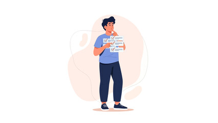 Illustration of a young man holding a detailed checklist diagram indicating organizational or task