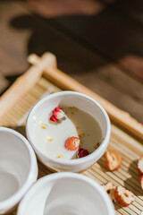 hot tea on a rustic wood background
