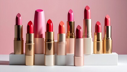 "Row of seven lipsticks in varied shades with metallic tubes on soft pink background."