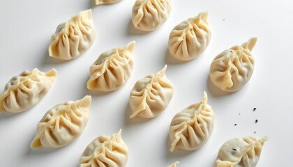 "Neatly arranged dumpling grid with pleated tops, one golden dumpling, and garnish container."