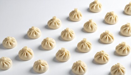 "Neatly arranged dumpling grid with pleated tops, one golden dumpling, and garnish container."