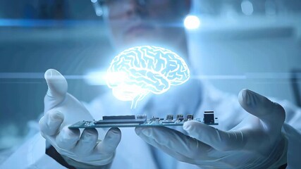 Futuristic medical hologram of a human brain held by scientist. Concept of neuroscience, diagnostics, and technology - Powered by Adobe
