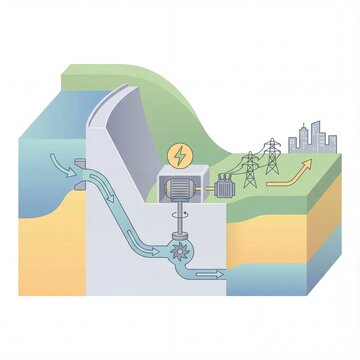 A hydroelectric power plant, showing water flow driving a turbine and generator to produce electricity distributed through transmission lines to urban areas.