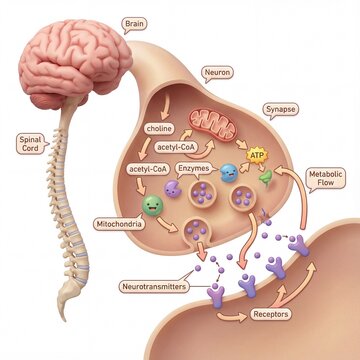 Neuroscience infographic showing brain and spinal cord with a neuron synapse, neurotransmitter release, receptors, and mitochondrial ATP production in cellular metabolism.