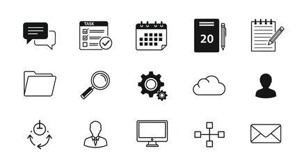 Set of vector icons representing various business and office related concepts depicted in a
