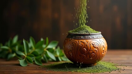 Green moringa powder in ornate ceramic bowl with fresh leaves beside on wooden table. Concept of health supplements, wellness products, organic nutrition.