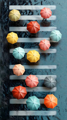 Aerial view of colorful umbrellas on crosswalk
crossing with reflections splashing rain weather, urban pedestrian bridge.