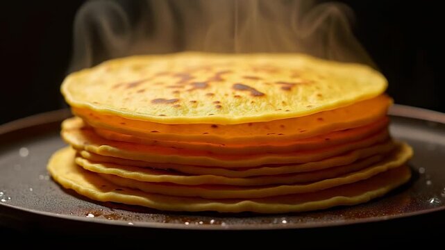 Steaming hot stack of golden brown pancakes freshly cooked on griddle with rising vapor against dark background 